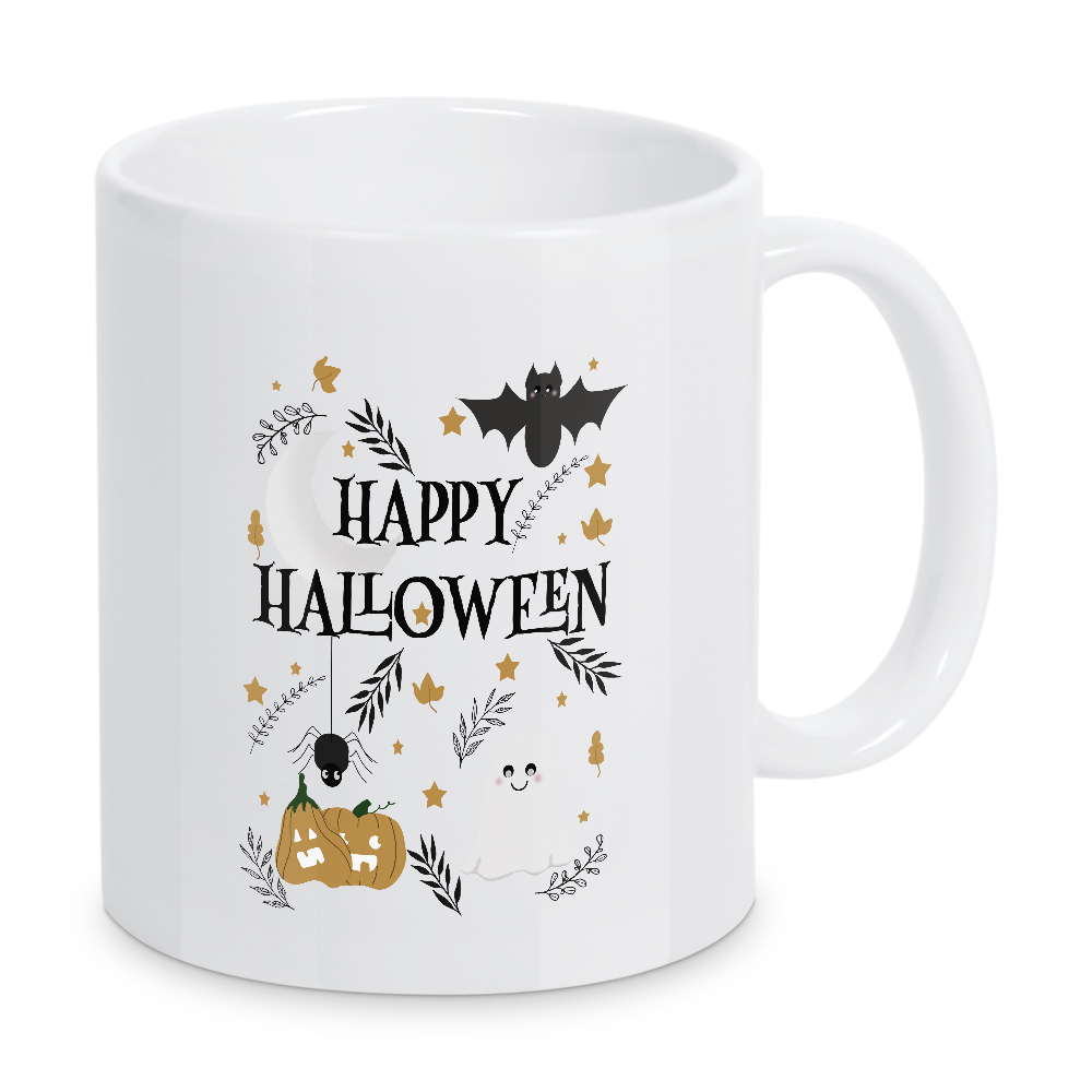 Tasse "Frohes Mond-Halloween" artboxONE - Typografie,Halloween - Fledermaus,Geist,Mond,Kürbisse,Spinne,Blätter