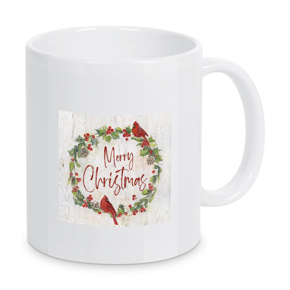 Tasse "Kardinal- und Stechpalmenkranz" artboxONE - Typografie,Weihnachten - Kranz,Kardinäle,Fröhlich,Weihnachten,Frohe weihnachten,Feiertag