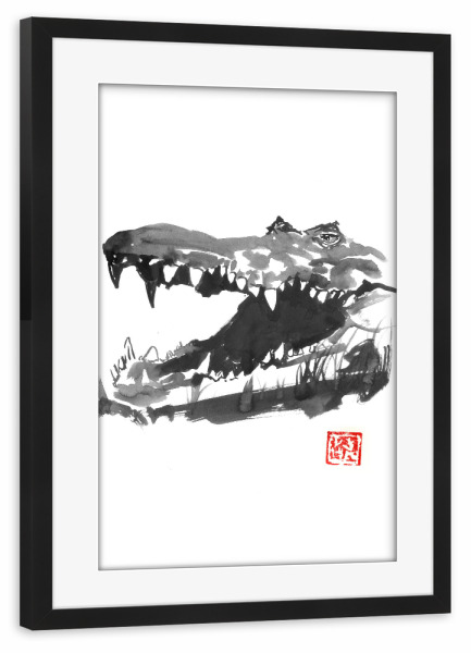 Poster mit Rahmen schwarz "Crocodile face" artboxONE - Tiere - Crocodile,Sumie,Japan,Krokodil,Tier,Animal,Portrait