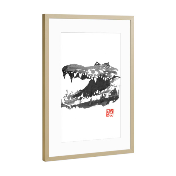 Poster mit Rahmen Gold "Crocodile face" artboxONE - Tiere - Crocodile,Sumie,Japan,Krokodil,Tier,Animal,Portrait