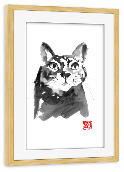 Poster mit Rahmen kiefer "Stunned cat" artboxONE - Tiere - Cat,Neko,Sumie,Japan,Katze,Tier,Animal,Schwarzweiß,Blackandwhite,Portrait
