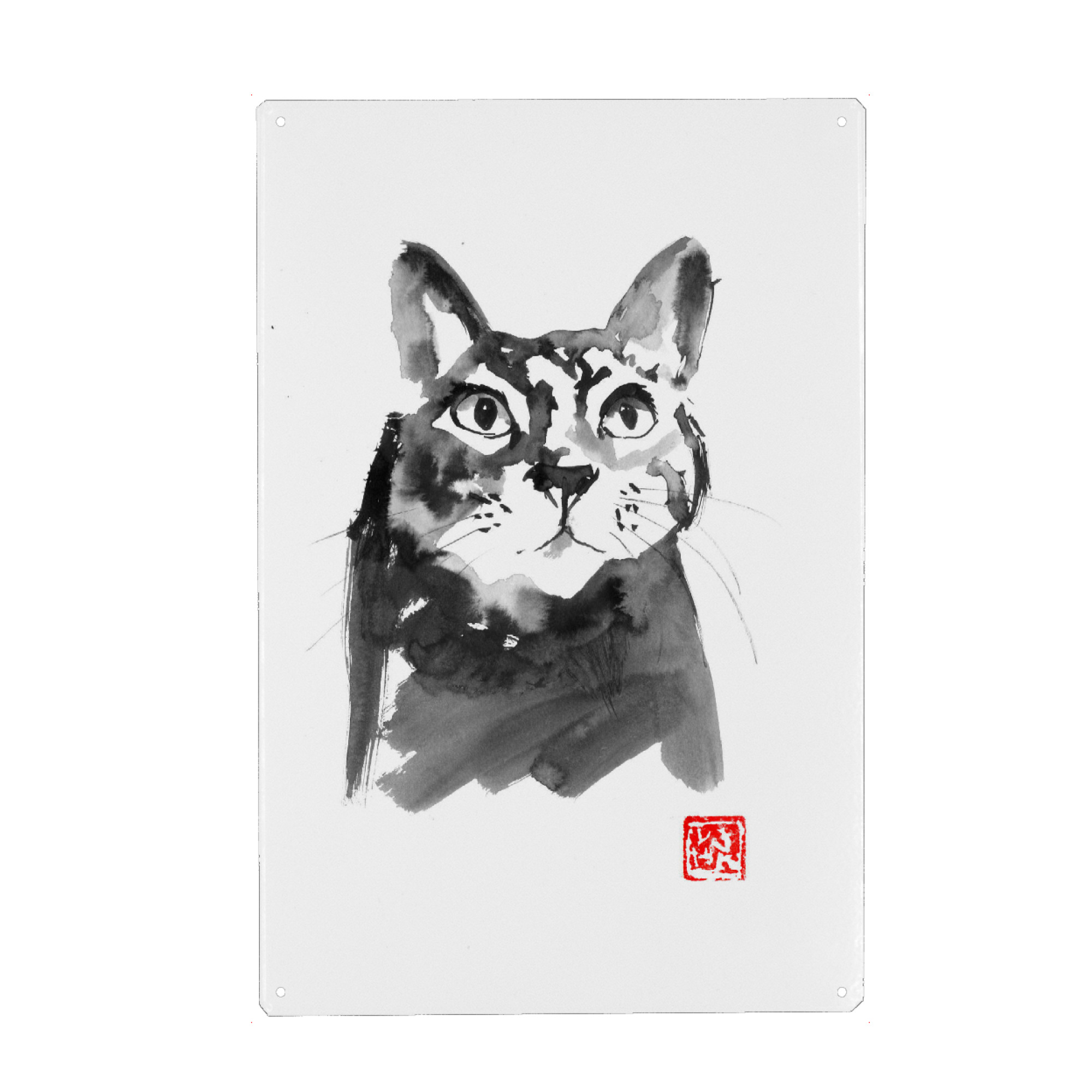 Metall Poster "Stunned cat" artboxONE - Tiere - Cat,Neko,Sumie,Japan,Katze,Tier,Animal,Schwarzweiß,Blackandwhite,Portrait - Blechschild