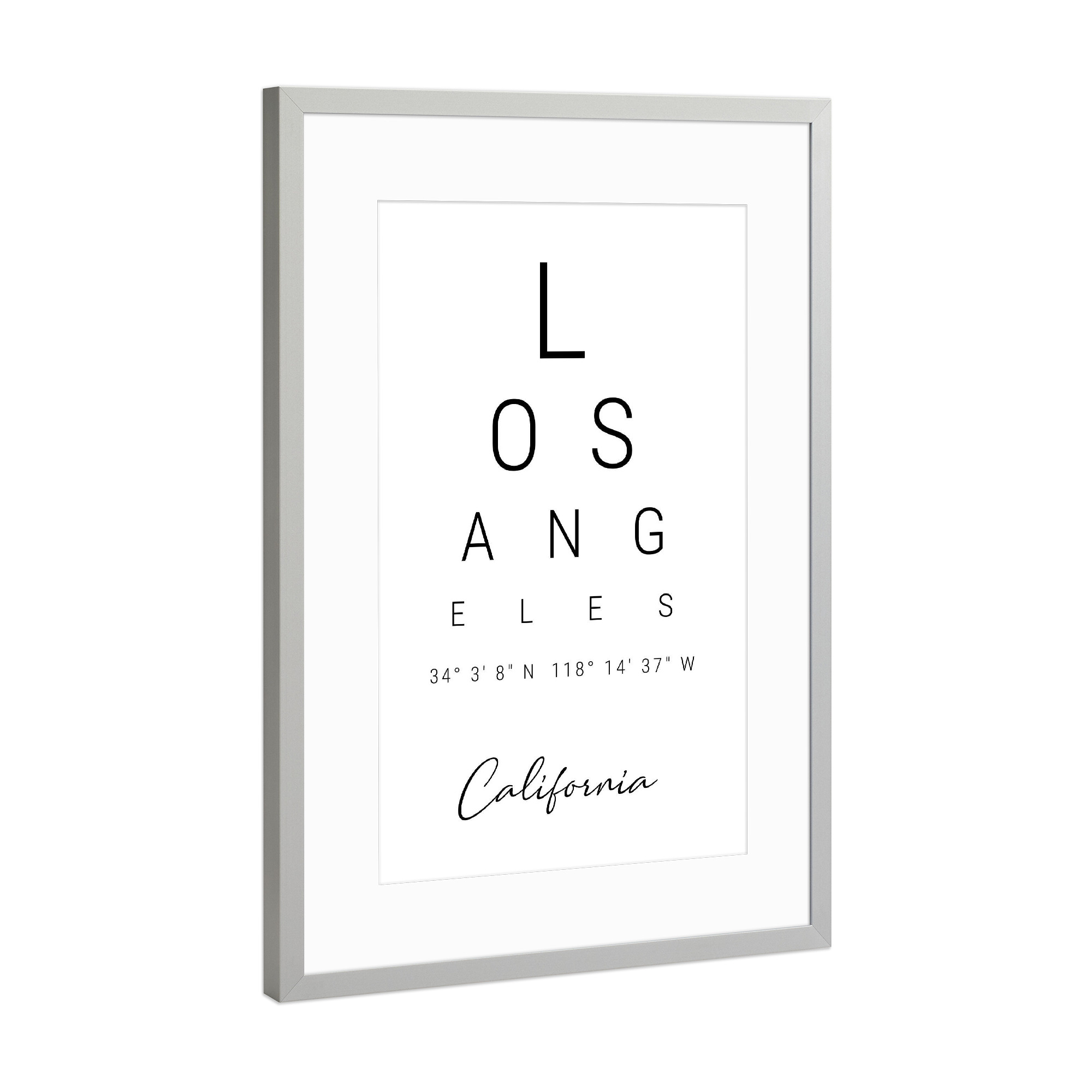 Poster mit Rahmen Silber "Los Angeles | California" artboxONE - Städte,Typografie,Schwarzweiß,Reise / Strand und Meer,Städte / Los Angeles