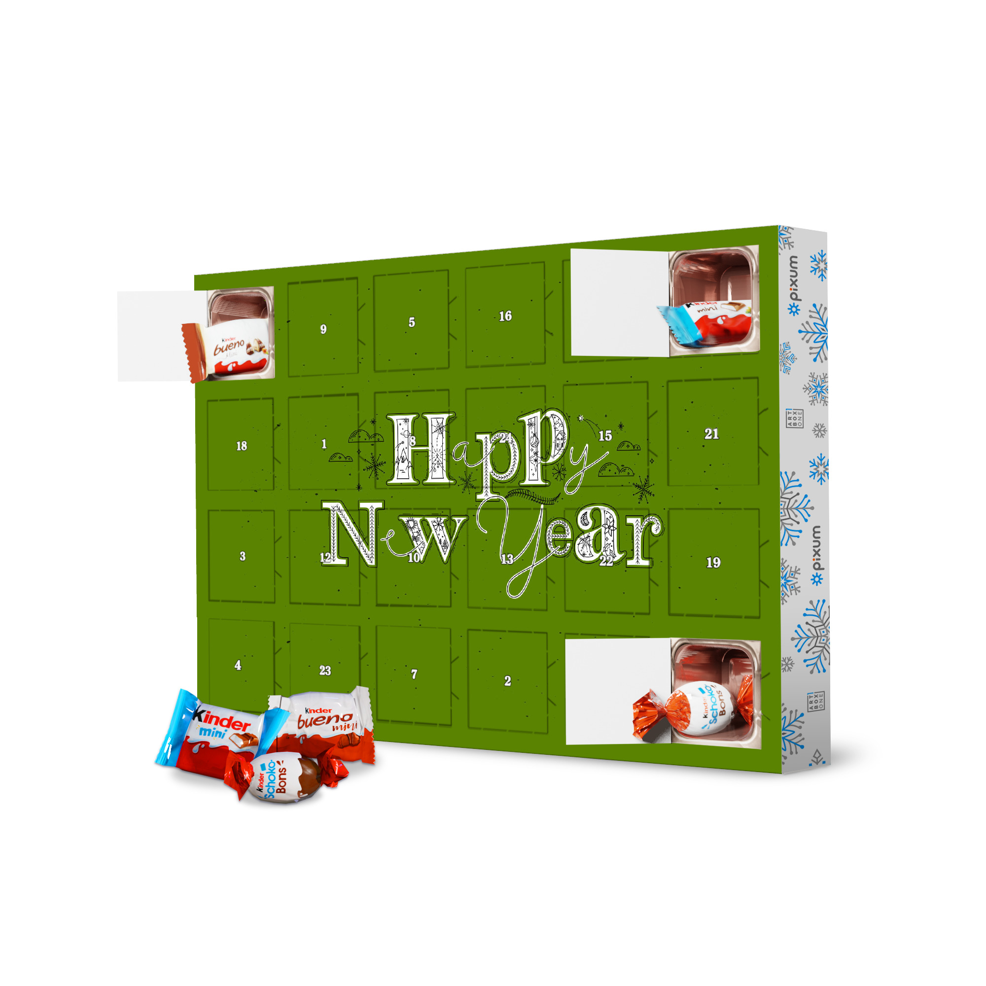 Adventskalender mit Produkten von Kinder Happy New Year green artboxONE Adventskalender Typografie