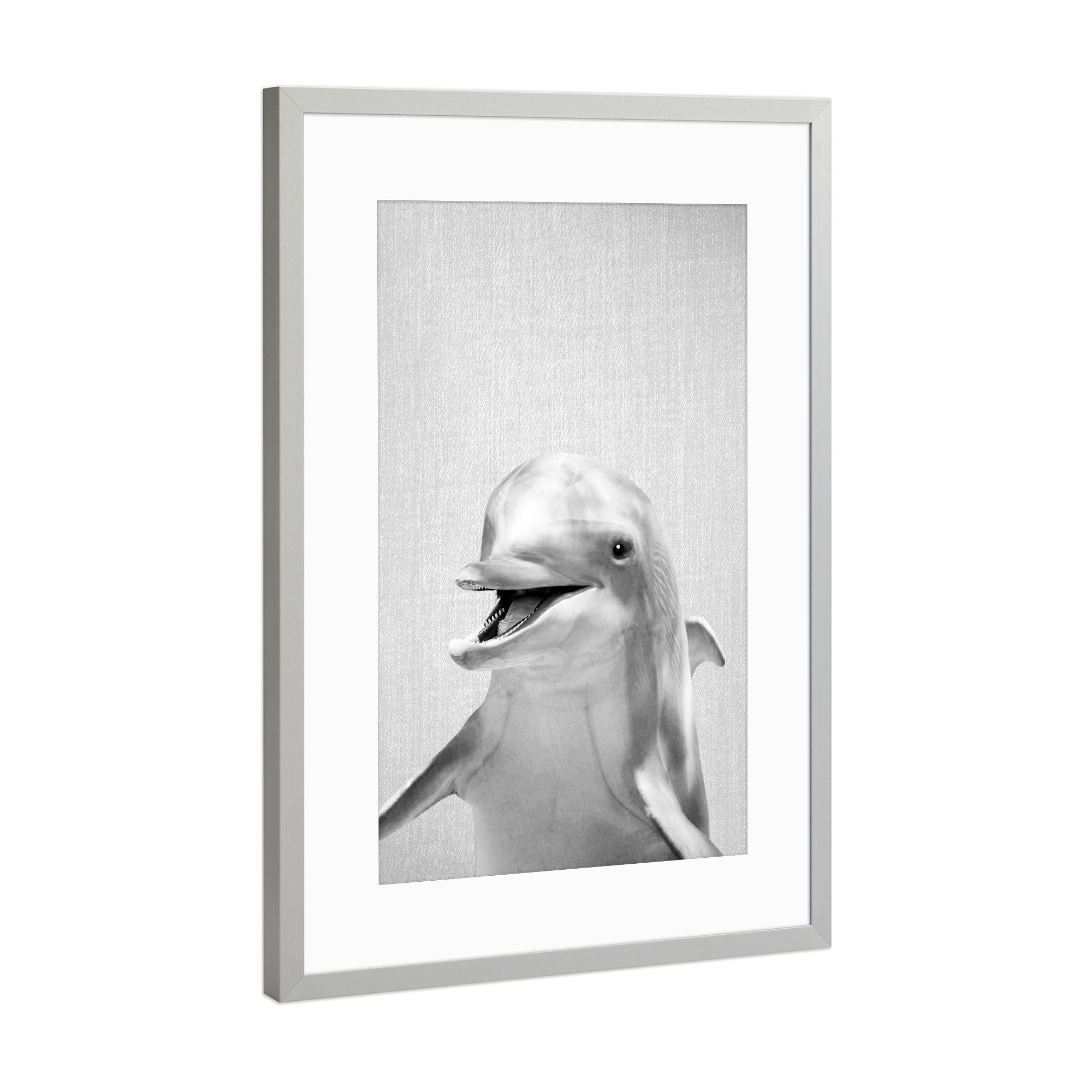 Poster mit Rahmen Silber "Dolphin - Black & White" artboxONE - Für Kinder,Tiere,Unterwasser,Lustig