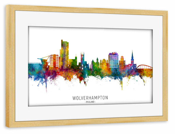 Poster mit Rahmen kiefer "Wolverhampton England Skyline txt" artboxONE - Städte
