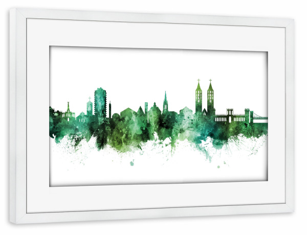 Poster mit Rahmen weiß "Kassel Germany Skyline Green" artboxONE - Städte