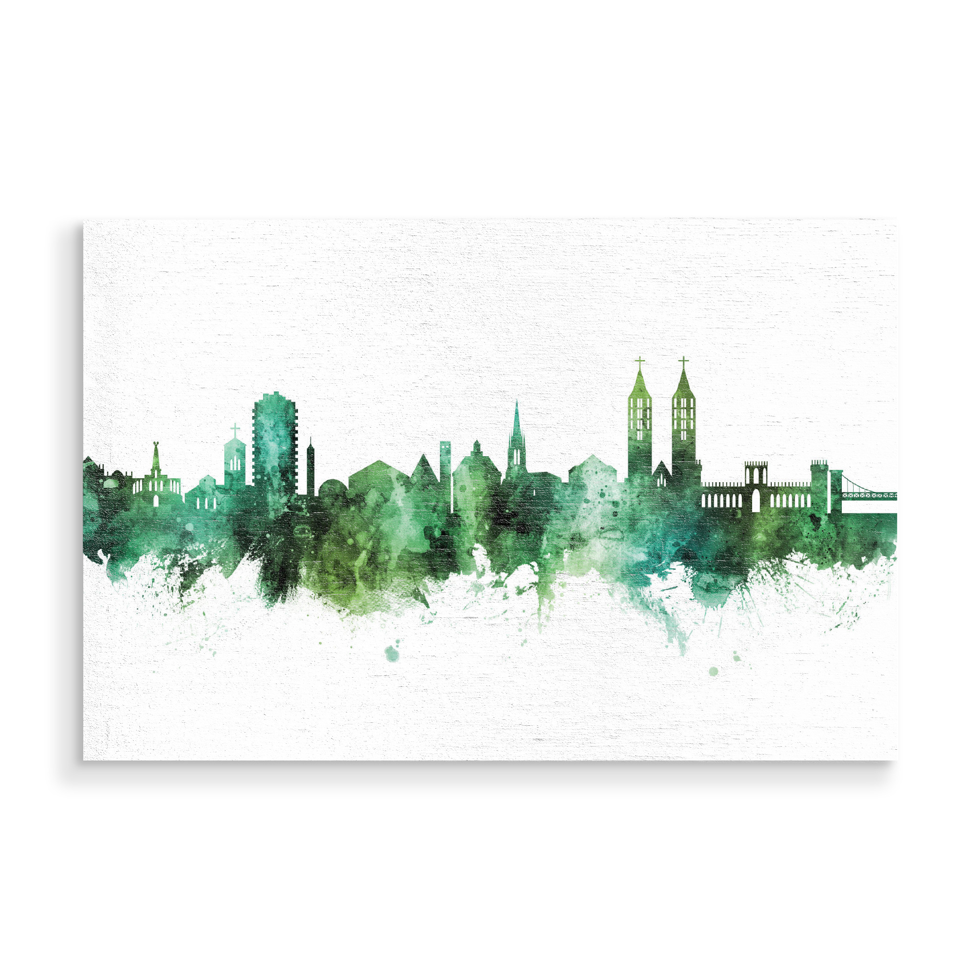 Holzbild "Kassel Germany Skyline Green" artboxONE - Städte - Kassel,Deutschland,Skyline,Cityscape,Stadtbild,Watercolor,City,Stadt,Germany,Green,Grün