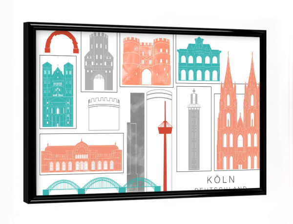 Poster mit schwarzem Rahmen "Cologne skyline coral" artboxONE - Städte,Städte / Köln,Reise,Architektur,Kartografie