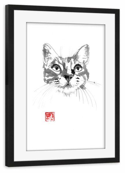 Poster mit Rahmen schwarz "Cat face" artboxONE - Tiere - Cat,Neko,Sumie,Japan,Katze,Portrait