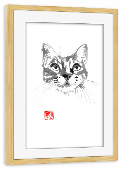 Poster mit Rahmen kiefer "Cat face" artboxONE - Tiere - Cat,Neko,Sumie,Japan,Katze,Portrait