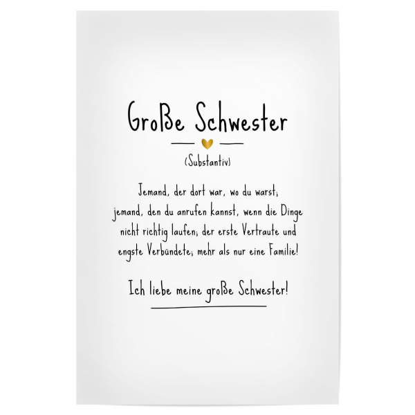 Poster "Große Schwester | Definition (DE)" artboxONE - Typografie,Für Kinder,Schwarzweiß,Liebe,Lustig