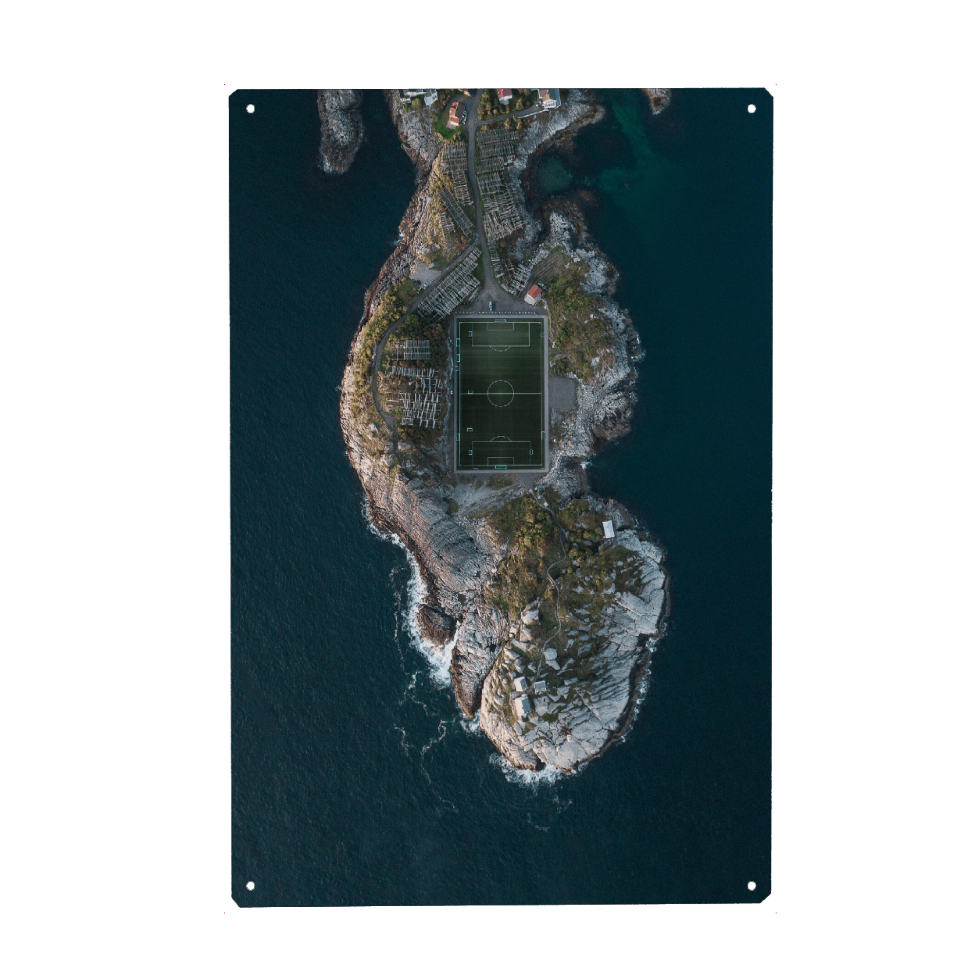 Holzbild "Henningsvær Fußballfeld von oben" artboxONE - Natur,Reise,Sport,Reise / Länder,Sport / Fußball