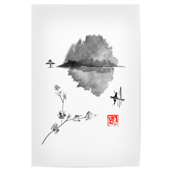 Poster 30x20 cm "Fisherman in his boat" artboxONE - Natur,Männer - Fisherman,Island,Sumie,Japan,Schwarzweiß,Blackandwhite,Nature,Natur,Fischer