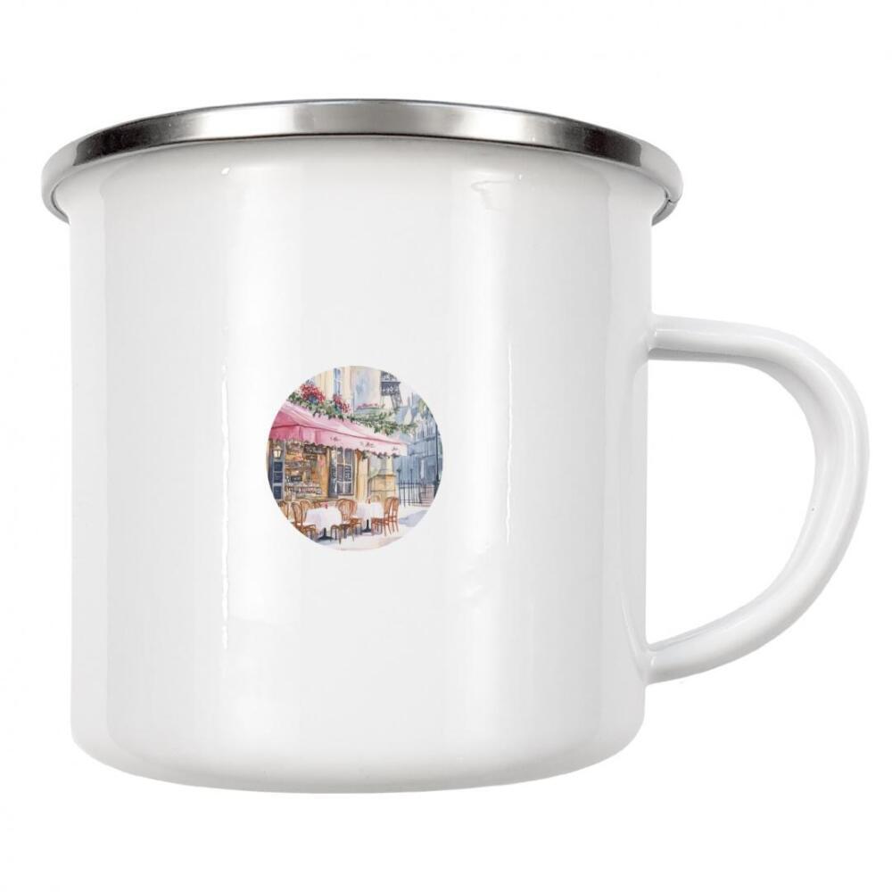 Emaille Tasse "Pariser Straßencafé" artboxONE - Städte / Paris - Paris,Café,Pariser café,Eiffel,Eiffelturm,Café im freien,Aquarell