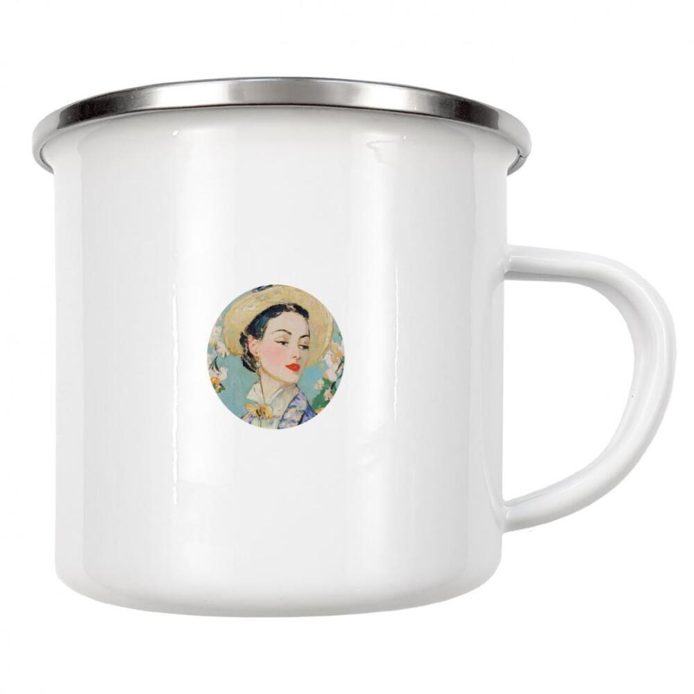 Emaille Tasse "Frau trägt Tweedjacke" artboxONE - Natur,Floral,Abstrakt,Menschen,Fashion - Frau,Frauenporträt,Mode,Jacke,Tweedjacke