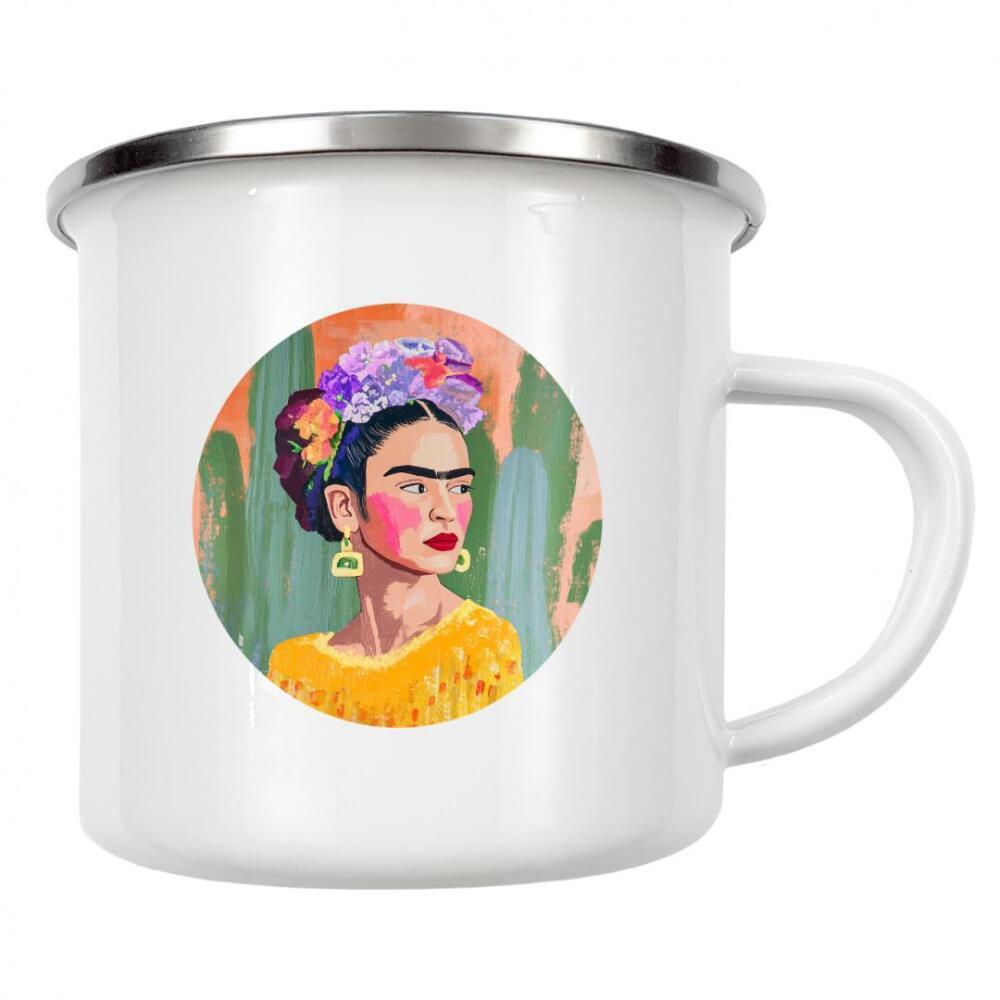 Emaille Tasse "Kahlo und Kakteen" artboxONE - Floral,Abstrakt,Menschen