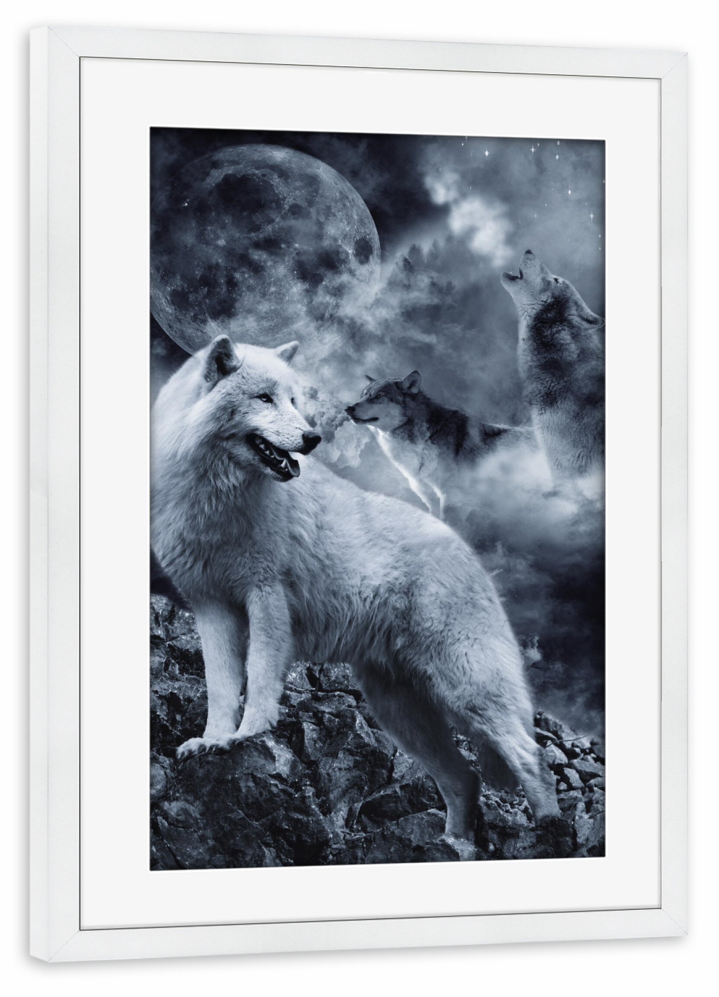 Poster mit Rahmen weiß "Wolf collage" artboxONE - Natur,Tiere - Wolf,Wolves,Animal,Wild,Tier,Natur,Nature,Mond,Moon,Berge,Mountains