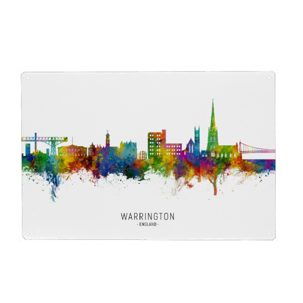 Metall Poster "Warrington England Skyline txt" artboxONE - Städte - Warrington,England,Skyline,Cityscape,Stadtbild,Watercolor,City,Stadt,Colorful,Bunt