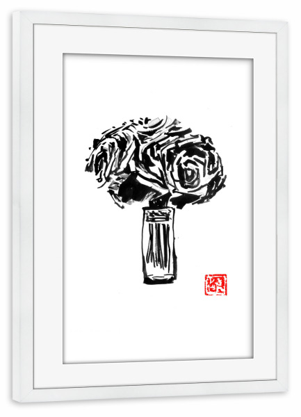 Poster mit Rahmen weiß "Vase of rose" artboxONE - Floral,Schwarzweiß - Rose,Sumie,Japan,Schwarzweiß,Blackandwhite,Rosen,Blumen,Flowers,Floral,Vase