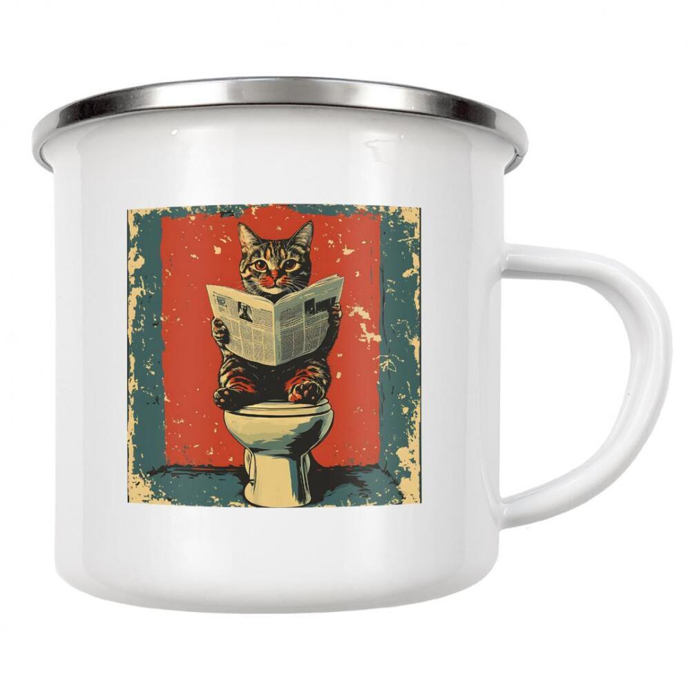 Emaille Tasse "Cat toilet" artboxONE - Abstrakt,Streetart - Cat,Toilet,Newspaper,Humorous,Distressed,Colorful,Whimsical,Animal,Reading,Quirky