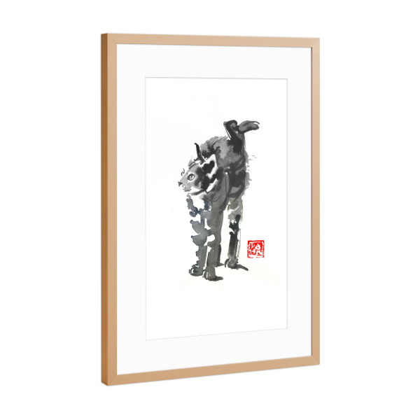 Poster mit Rahmen Kupfer "Stretched cat" artboxONE - Tiere - Cat,Sumie,Japan,Katze,Grau,Schwarzweiß,Blackandwhite