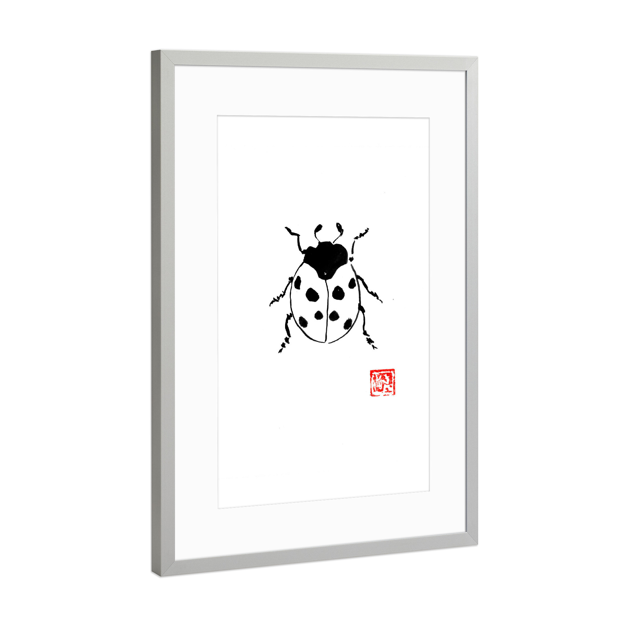 Poster mit Rahmen Silber "Ladybug" artboxONE - Tiere,Schwarzweiß - Ladybug,Sumie,Japan,Insekt,Insect,Käfer,Schwarzweiß,Blackandwhite,Minimal