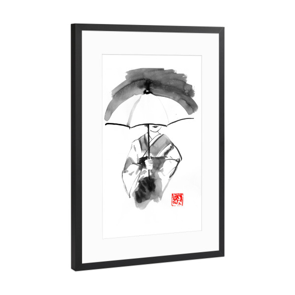 Poster mit Rahmen Schwarz (Metallic) "Geisha white umbrella" artboxONE - Menschen