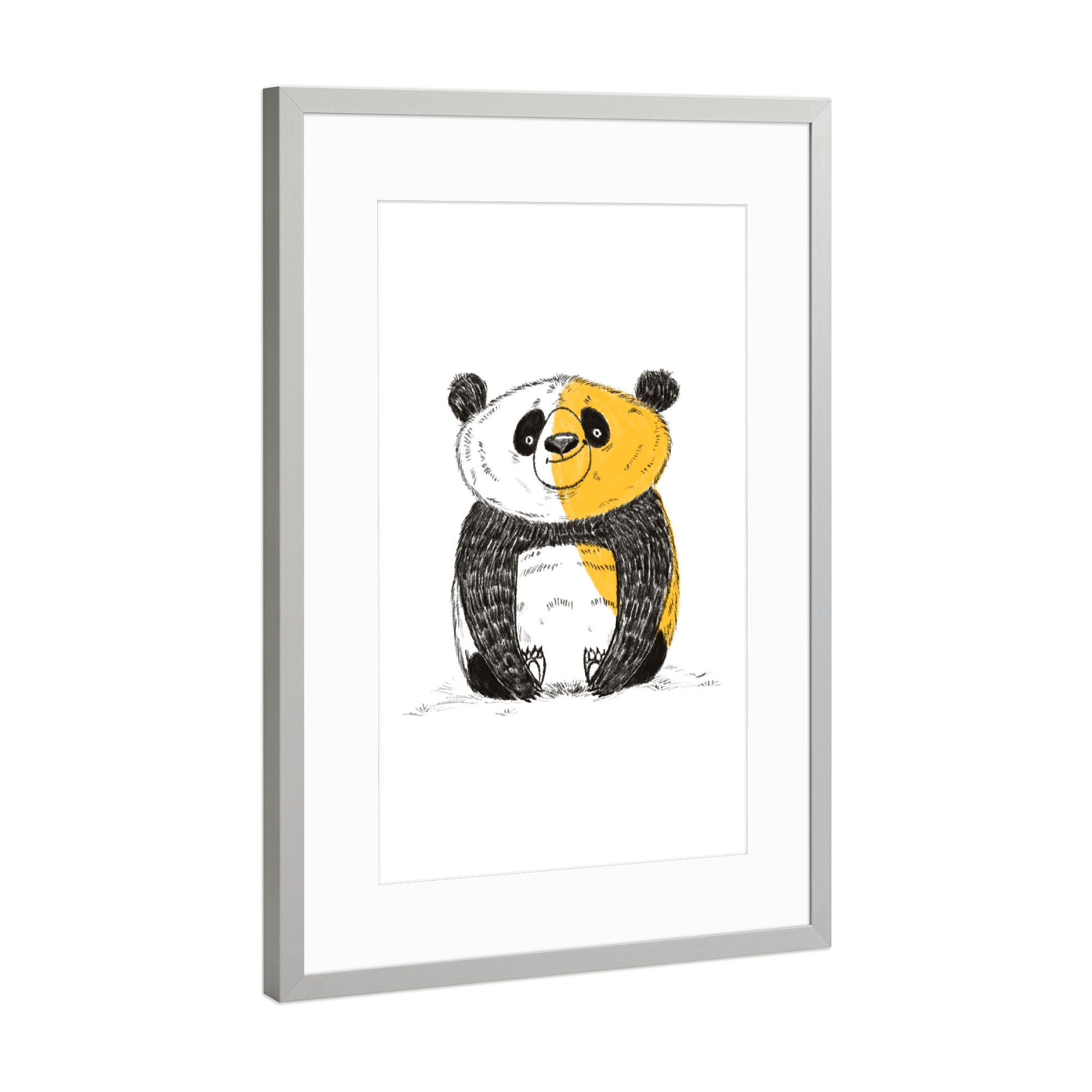 Poster mit Rahmen Silber "Yellow panda" artboxONE - Für Kinder,Tiere - Panda,Animal,Wall decor,Kids room decor,Tier,Kinder,Nursery,Children,Bär,Bear