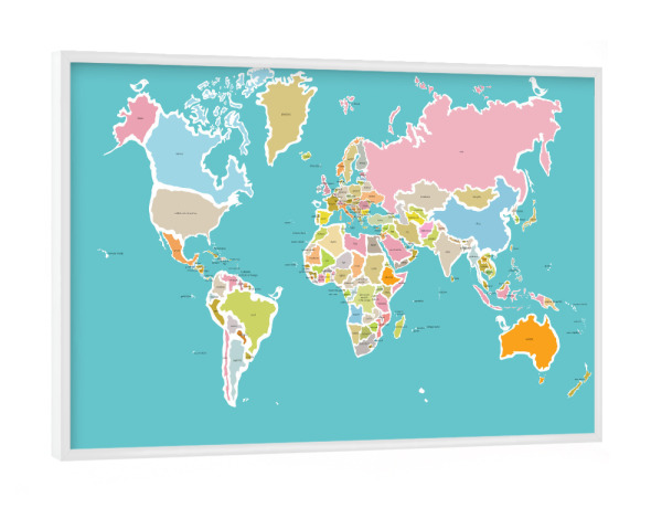 Poster mit weißem Rahmen "World Map with birds" artboxONE - Reise,Für Kinder,Reise / Länder,Lehrersprüche,Kartografie