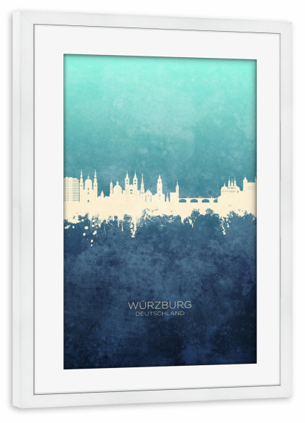Poster mit Rahmen weiß "Würzburg Germany Skyline NavyCyan" artboxONE - Städte