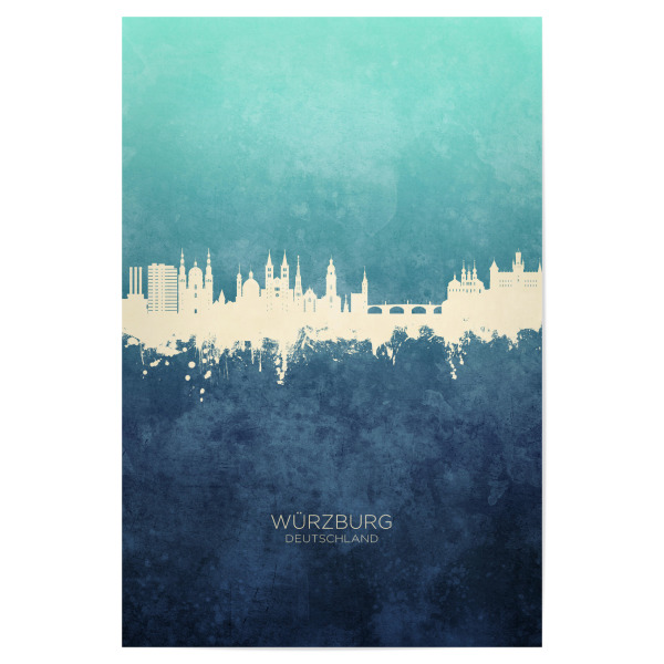 Poster "Würzburg Germany Skyline NavyCyan" artboxONE - Städte - Würzburg,Deutschland,Skyline,Cityscape,Stadtbild,Watercolor,Painting,Germany,Stadt