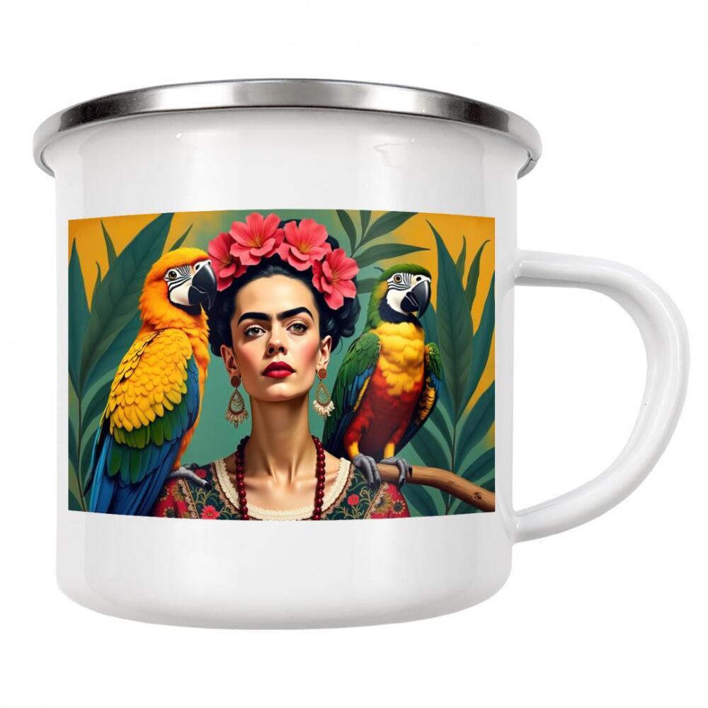 Emaille Tasse "Frida Kahlo mit Papageien" artboxONE - Abstrakt,Fashion - Frida kahlo,Papageien,Illustration,Farbe,Charakter,Berühmt,Mexikanisch,Maler