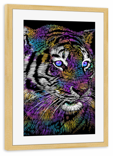 Poster mit Rahmen kiefer "Realistic tiger colorful" artboxONE - Tiere,Streetart - Tiger,Feline,Predator,Bunt,Colorful,Portrait,Animal,Tier