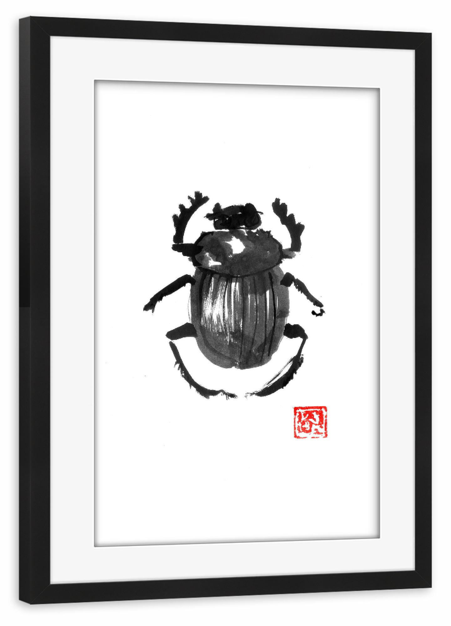 Poster mit Rahmen schwarz "Beetle scarabee" artboxONE - Tiere - Beetle,Sumie,Japan,Käfer,Insekt,Insect,Schwarzweiß,Blackandwhite