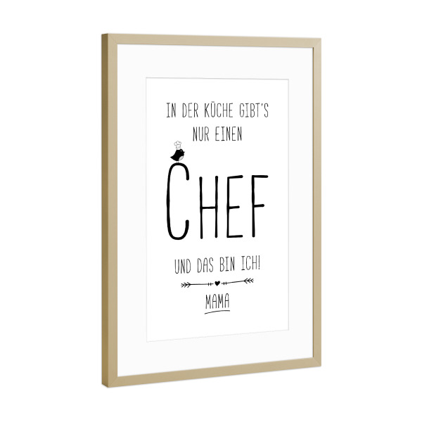 Poster mit Rahmen Gold "Küchenchef Mama" artboxONE - Typografie,Essen & Trinken,Schwarzweiß,Für Mama,Lustig