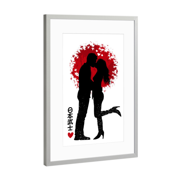 Poster mit Rahmen Silber "Couple Love" artboxONE - Menschen,Liebe - Couple,Love,Kanji,Japan,Kiss,Liebe,Silhouette,People,Menschen