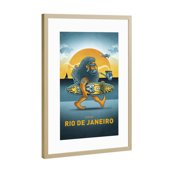 Poster mit Rahmen Gold "Rio De Janeiro Surfer" artboxONE - Reise,Streetart,Städte / Rio de Janeiro,Lustig