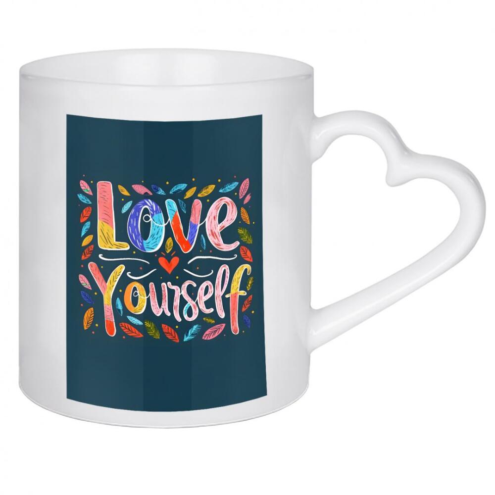 Herztasse "Love Yourself lettering" artboxONE - Floral - Typography,Love,Self-care,Motivational,Colorful,Vibrant,Leaves,Hand-drawn,Lettering,Design