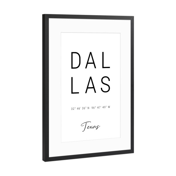 Poster mit Rahmen Schwarz (Metallic) "Dallas | Texas" artboxONE - Städte,Typografie,Reise,Schwarzweiß,Städte / Weitere