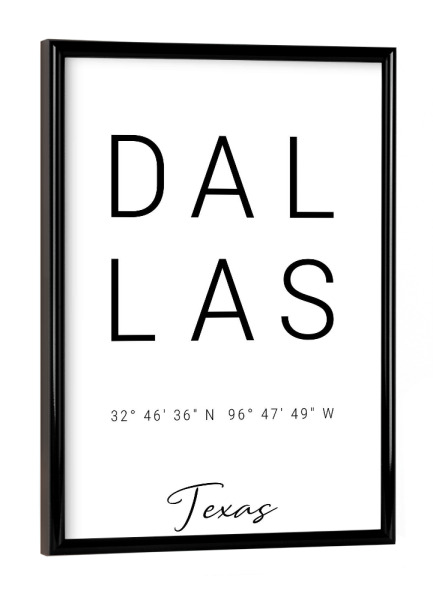 Poster mit schwarzem Rahmen "Dallas | Texas" artboxONE - Städte,Typografie,Reise,Schwarzweiß,Städte / Weitere
