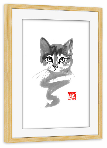Poster mit Rahmen kiefer "Cat line" artboxONE - Tiere,Schwarzweiß - Cat,Neko,Sumie,Japan,Katze,Animal,Malerei,Schwarzweiß,Blackandwhite
