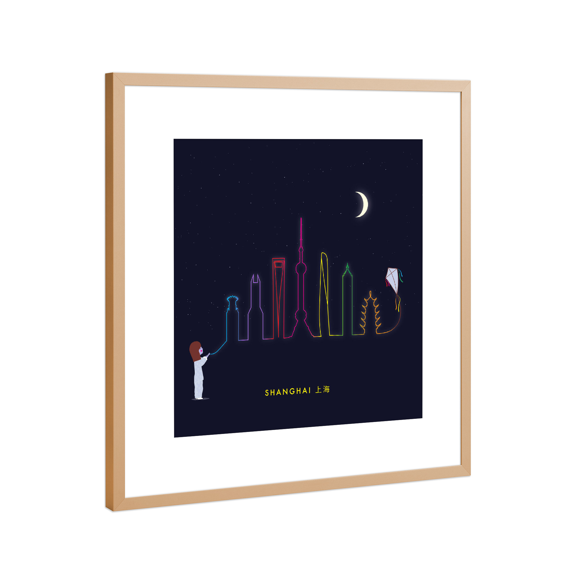 Poster mit Rahmen Kupfer "Shanghai Skyline Kite" artboxONE - Städte,Für Kinder,Städte / Weitere