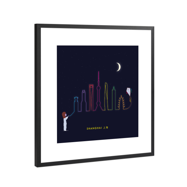 Poster mit Rahmen Schwarz (Metallic) "Shanghai Skyline Kite" artboxONE - Städte,Für Kinder,Städte / Weitere
