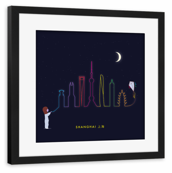 Poster mit Rahmen schwarz "Shanghai Skyline Kite" artboxONE - Städte,Für Kinder,Städte / Weitere