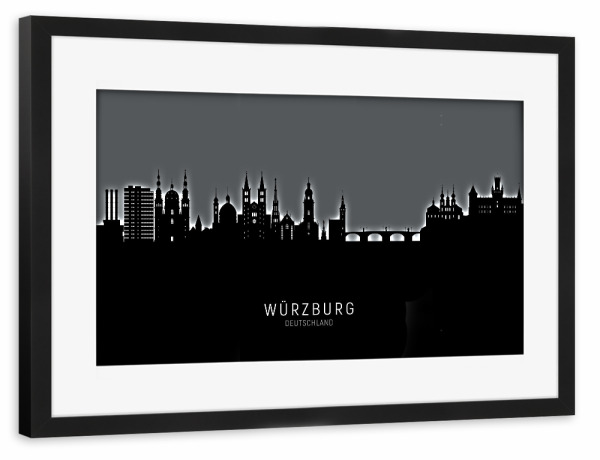 Poster mit Rahmen schwarz "Würzburg Skyline Glow White" artboxONE - Städte