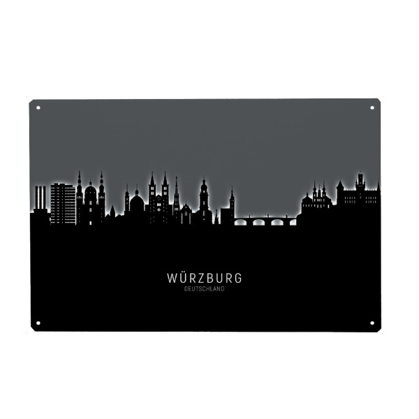 Holzbild "Würzburg Skyline Glow White" artboxONE - Städte - Würzburg,Deutschland,Skyline,Cityscape,Stadtbild,Watercolor,Painting,City,Stadt,Germany