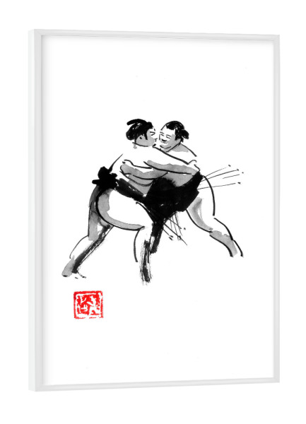 Poster mit weißem Rahmen "Sumo fight" artboxONE - Menschen - Sumo,Sumotori,Japan,Sumie,Männer,Men,Ringen,Fight,Kampf,Schwarzweiß,Blackandwhite