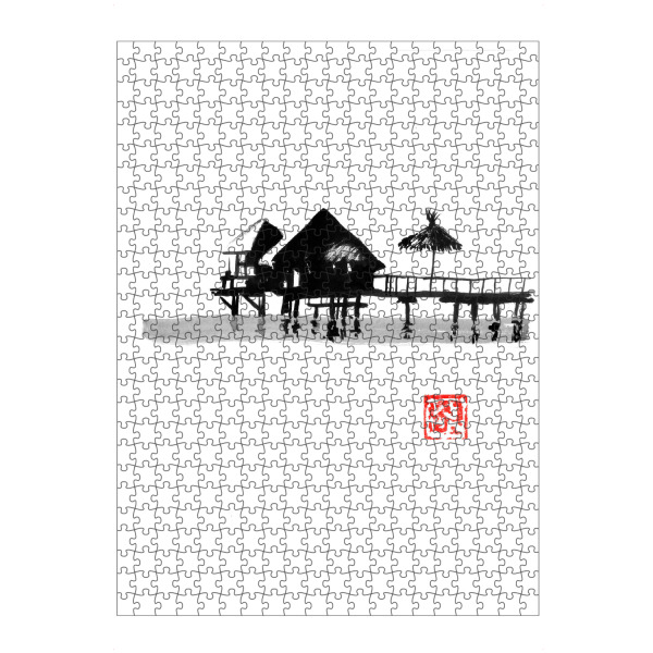 artboxONE Puzzle "Bungalow" artboxONE - Natur,Schwarzweiß - Bungalow,Sumie,Japan,Natur,Nature,Häuser,Gebäude,Schwarzweiß,Blackandwhite