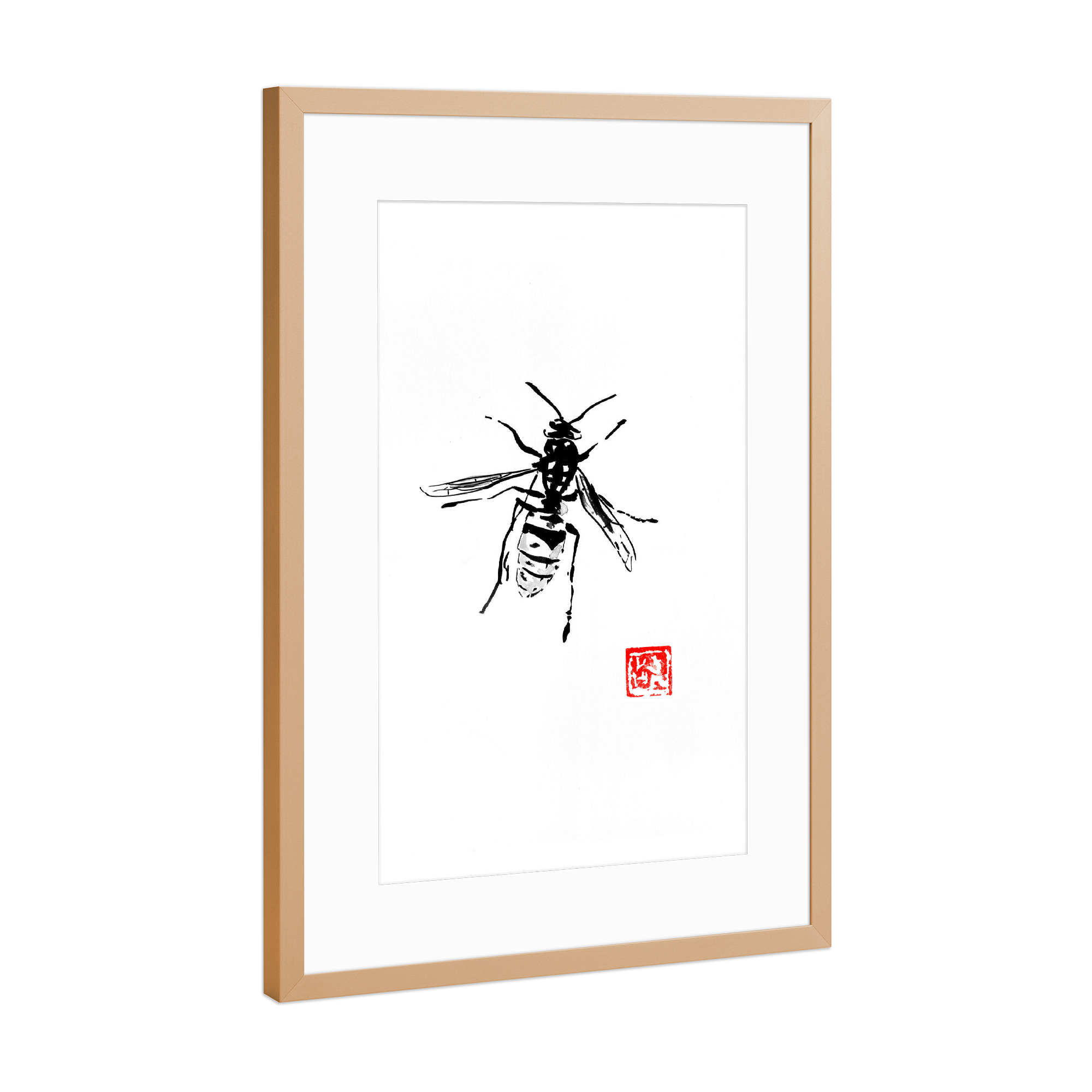 Poster mit Rahmen Kupfer "Guepe" artboxONE - Tiere - Wasp,Bee,Guepe,Sumie,Japan,Wespe,Insekt,Tier,Animal,Minimal,Schwarzweiß,Blackandwhite